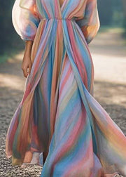 Classy Rainbow V Neck Cotton Long Dress Spring