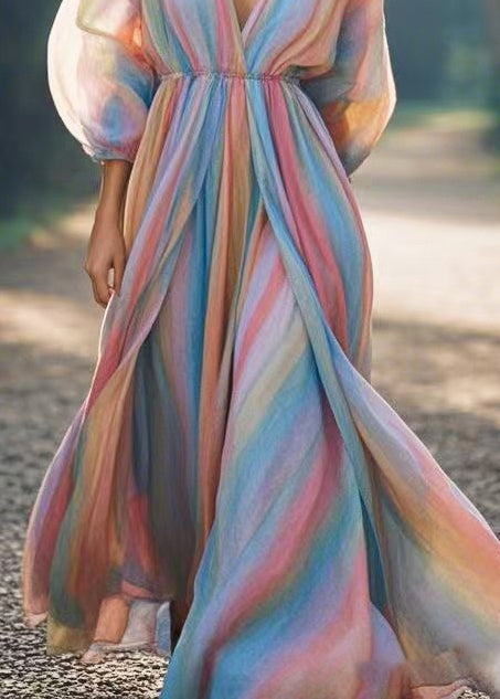 Classy Rainbow V Neck Cotton Long Dress Spring