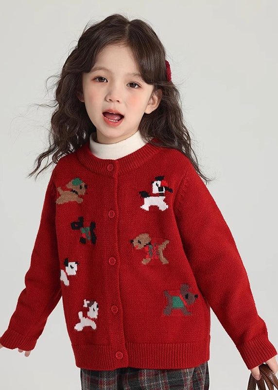 Classy Red Animal Print Cotton Knit Kids Cardigan Spring