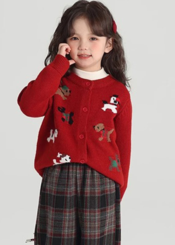 Classy Red Animal Print Cotton Knit Kids Cardigan Spring