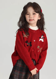 Classy Red Animal Print Cotton Knit Kids Cardigan Spring