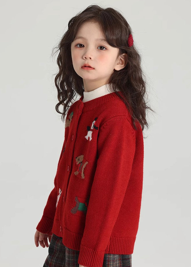 Classy Red Animal Print Cotton Knit Kids Cardigan Spring