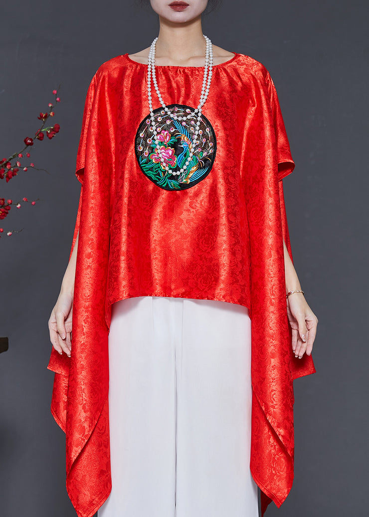 Classy Red Asymmetrical Embroidered Silk Blouses Summer