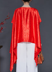Classy Red Asymmetrical Embroidered Silk Blouses Summer