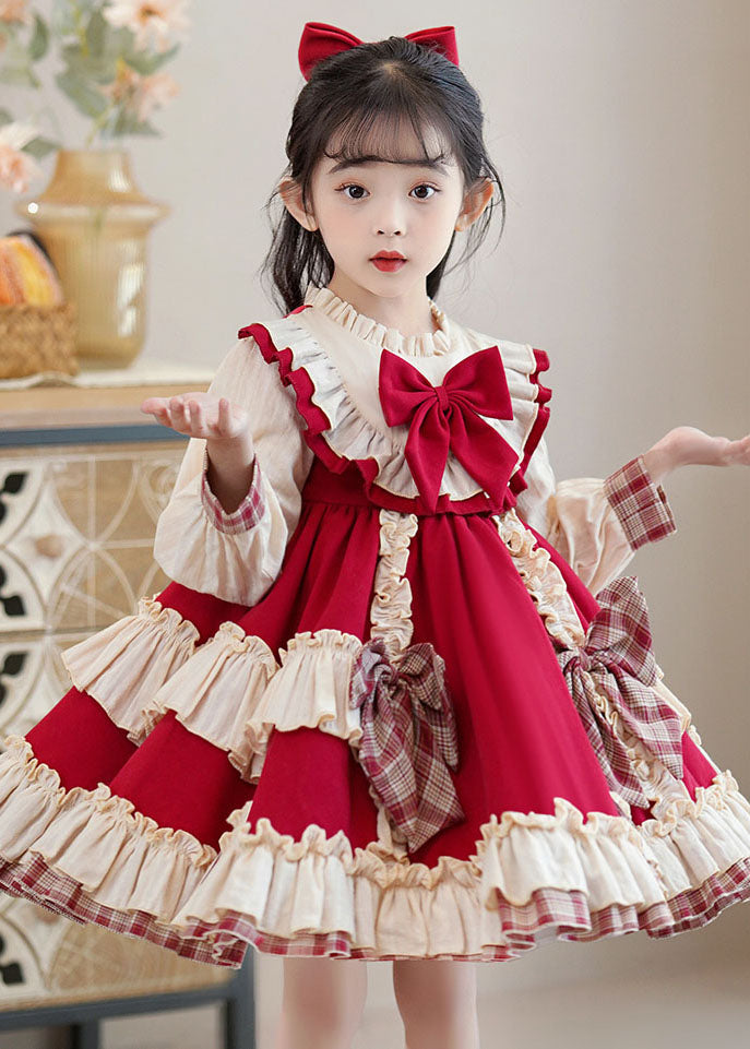 Classy Red Bow Ruffled Patchwork Kids Mid Dress Long Sleeve