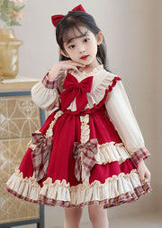 Classy Red Bow Ruffled Patchwork Kids Mid Dress Long Sleeve