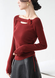 Classy Red Cinched Hollow Out Floral Knit Shirts Winter