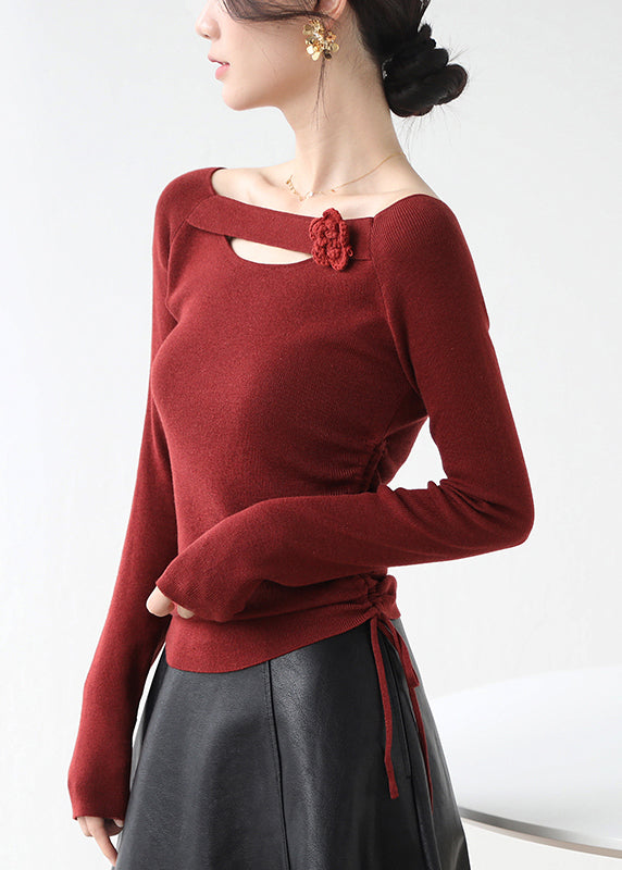 Classy Red Cinched Hollow Out Floral Knit Shirts Winter