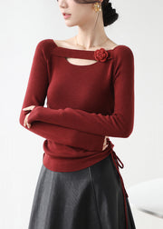 Classy Red Cinched Hollow Out Floral Knit Shirts Winter