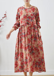 Classy Red Cinched Print Cotton Holiday Dress Spring
