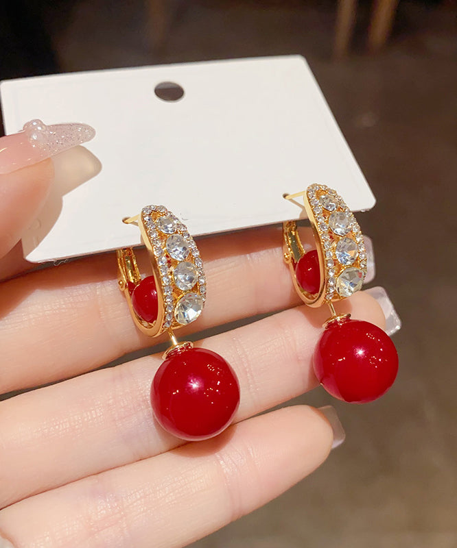 Classy Red Copper Overgild Pearl Zircon Ball Drop Earrings