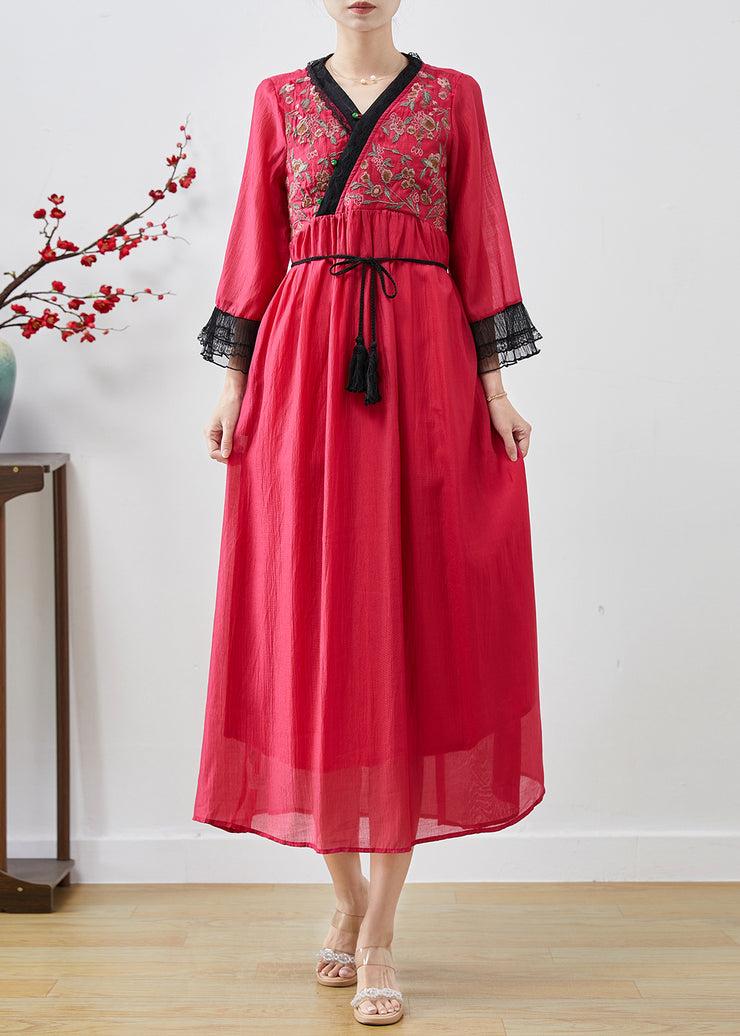 Classy Red Embroidered Patchwork Chiffon Long Dresses Spring