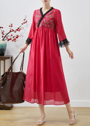 Classy Red Embroidered Patchwork Chiffon Long Dresses Spring