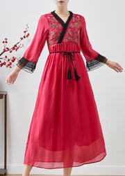 Classy Red Embroidered Patchwork Chiffon Long Dresses Spring