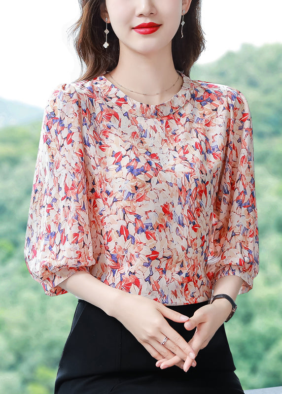 Classy Red O-Neck Print Chiffon Shirt Tops Half Sleeve