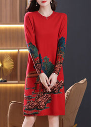 Classy Red O Neck Print Cozy Wool Knit Dress Spring