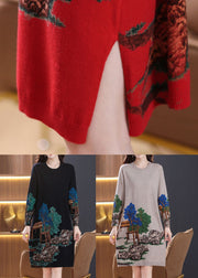 Classy Red O Neck Print Cozy Wool Knit Dress Spring