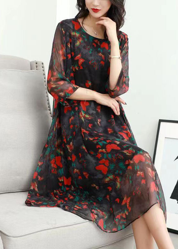 Classy Red O Neck Print Patchwork Chiffon Mid Dress Summer