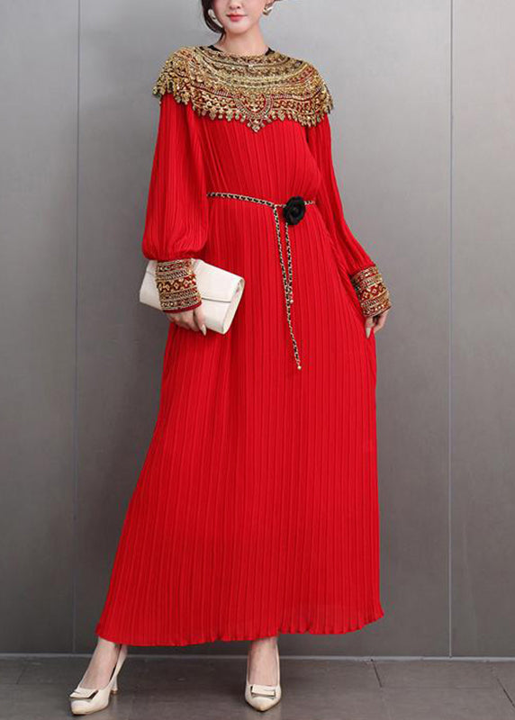 Classy Red O-Neck Sequins Sashes Holiday Maxi Dress Lantern Sleeve