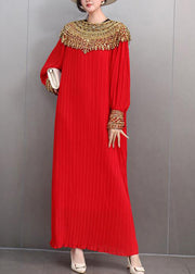 Classy Red O-Neck Sequins Sashes Holiday Maxi Dress Lantern Sleeve