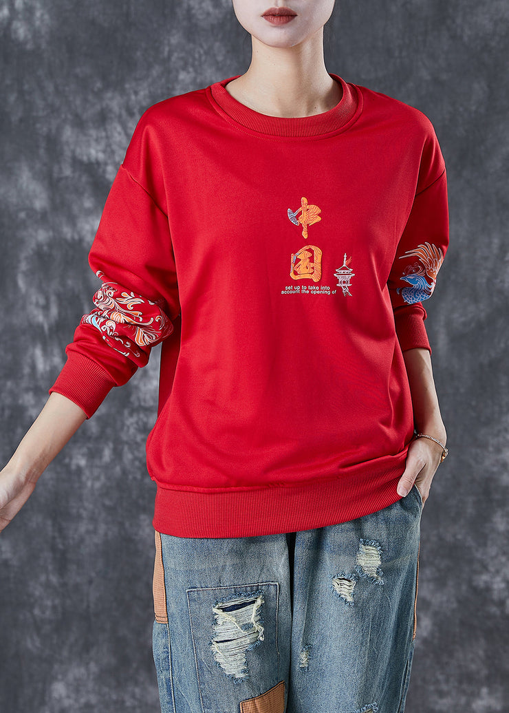 Classy Red Oversized Chinese Print Cotton Sweatshirt Fall