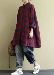 Classy Red Oversized Patchwork Plaid Cotton Shirt Dress Fall