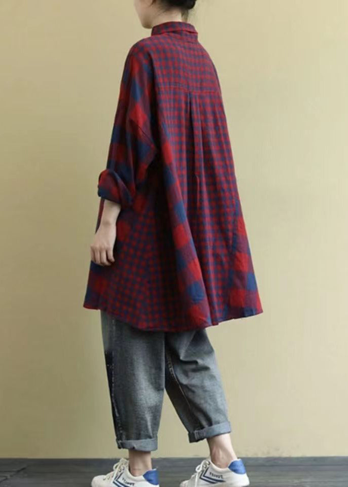 Classy Red Oversized Patchwork Plaid Cotton Shirt Dress Fall