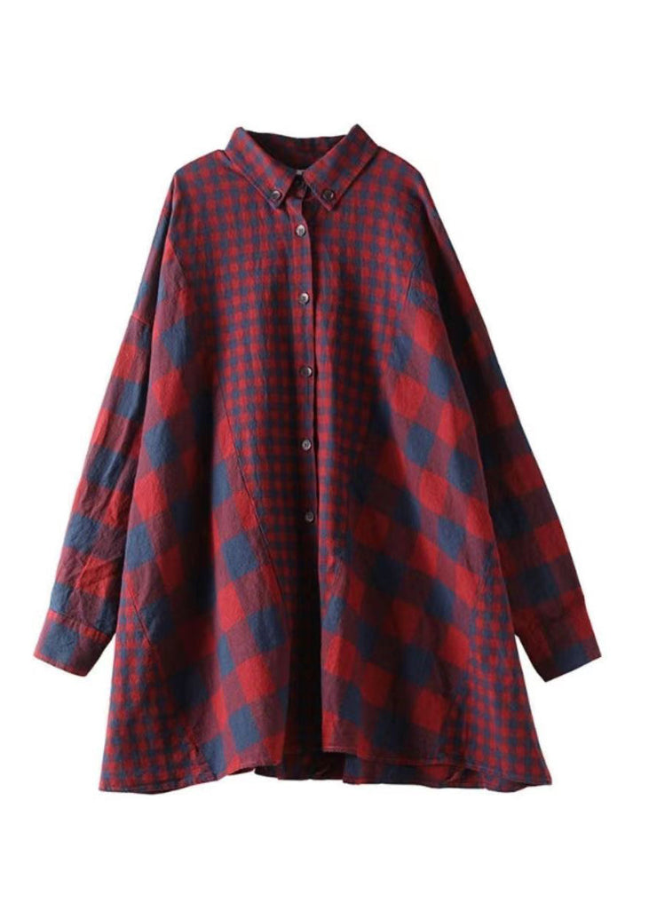 Classy Red Oversized Patchwork Plaid Cotton Shirt Dress Fall