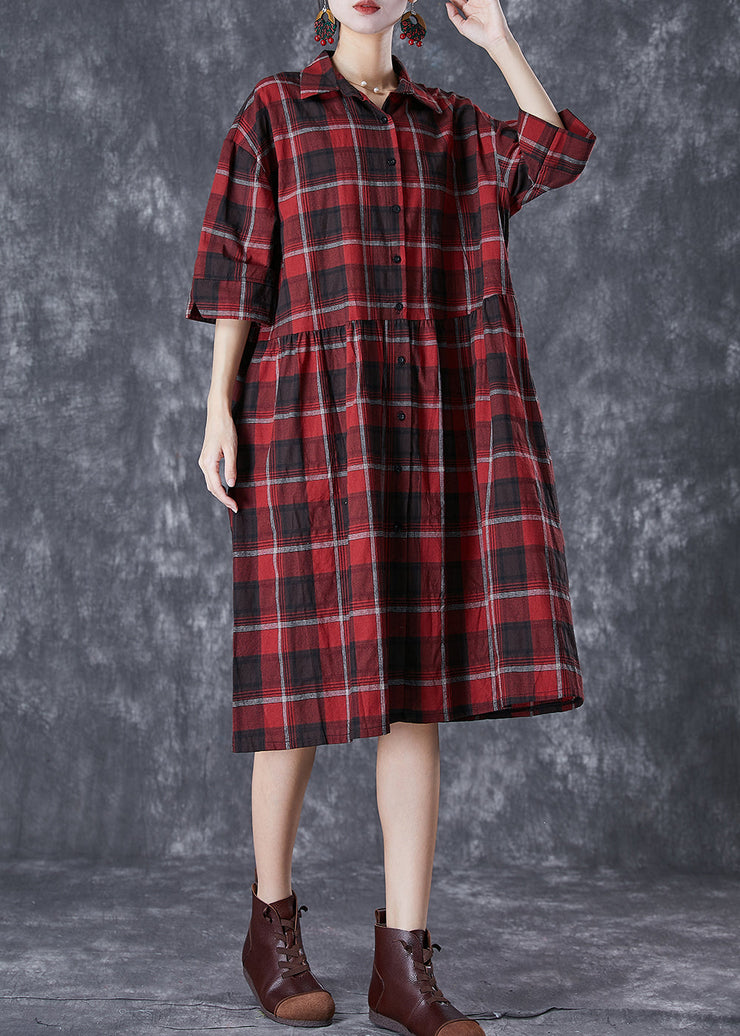 Classy Red Oversized Plaid Linen Shirt Dress Summer