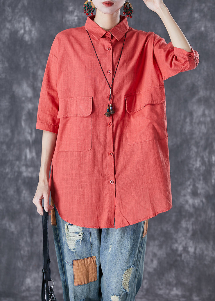 Classy Red Oversized Pockets Linen Shirt Half Sleeve