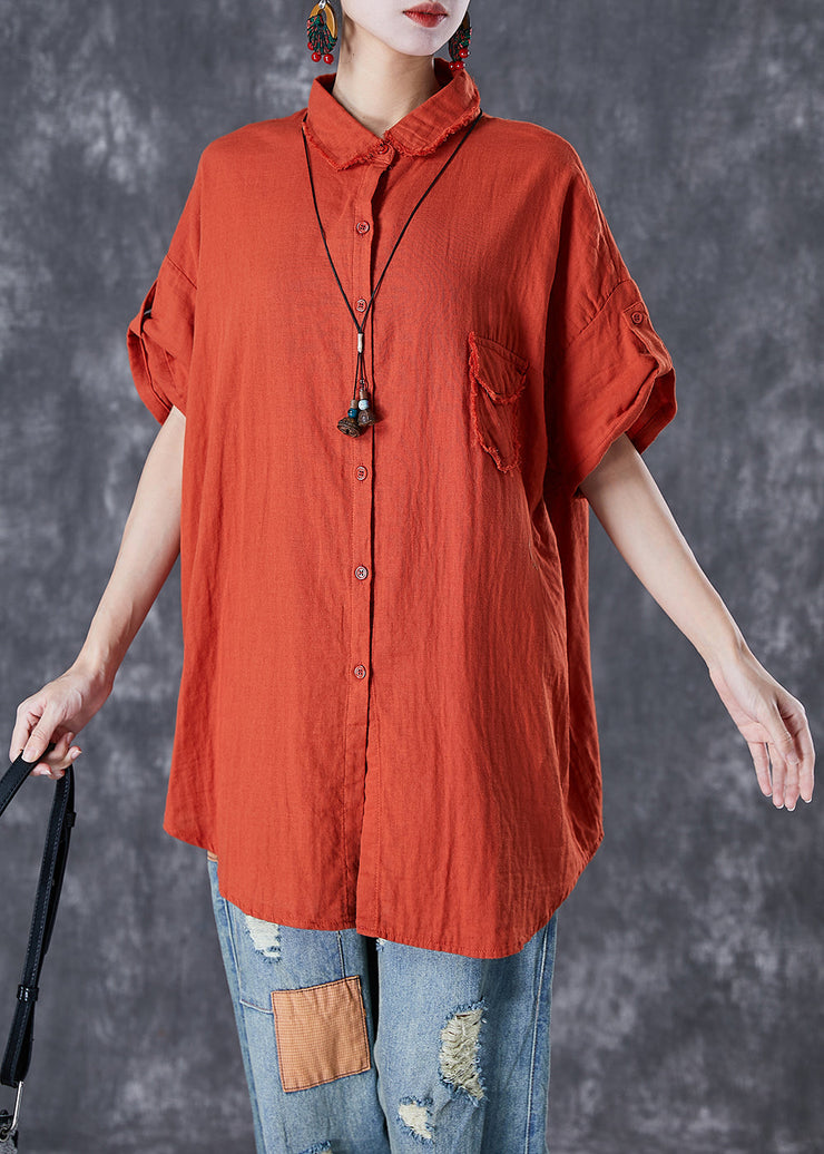 Classy Red Peter Pan Collar Oversized Cotton Shirt Summer