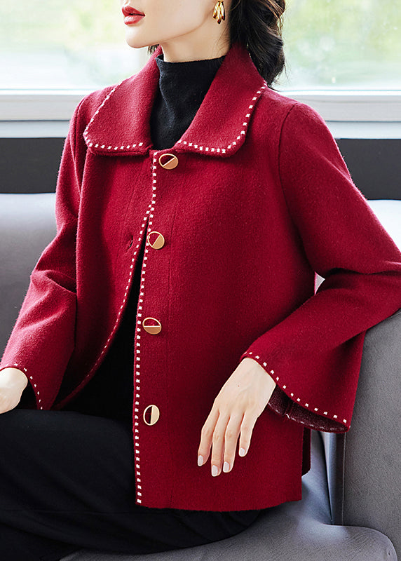 Classy Red Peter Pan Collar Pockets Patchwork Woolen Coat Fall