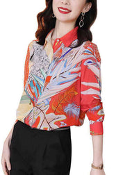 Classy Red Peter Pan Collar Print Button Silk Top Spring