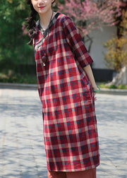 Classy Red Plaid V Neck Patchwork Cotton Dress Half Sleeve