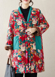 Classy Red Print Chinese Button Warm Fleece Jacket Winter