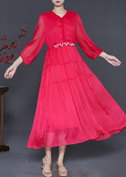 Classy Red Ruffled Floral Silk Beach Dresses Spring