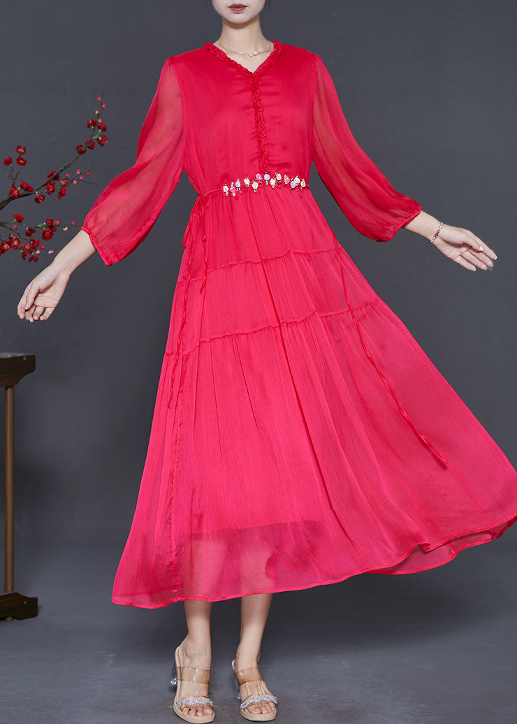 Classy Red Ruffled Floral Silk Beach Dresses Spring