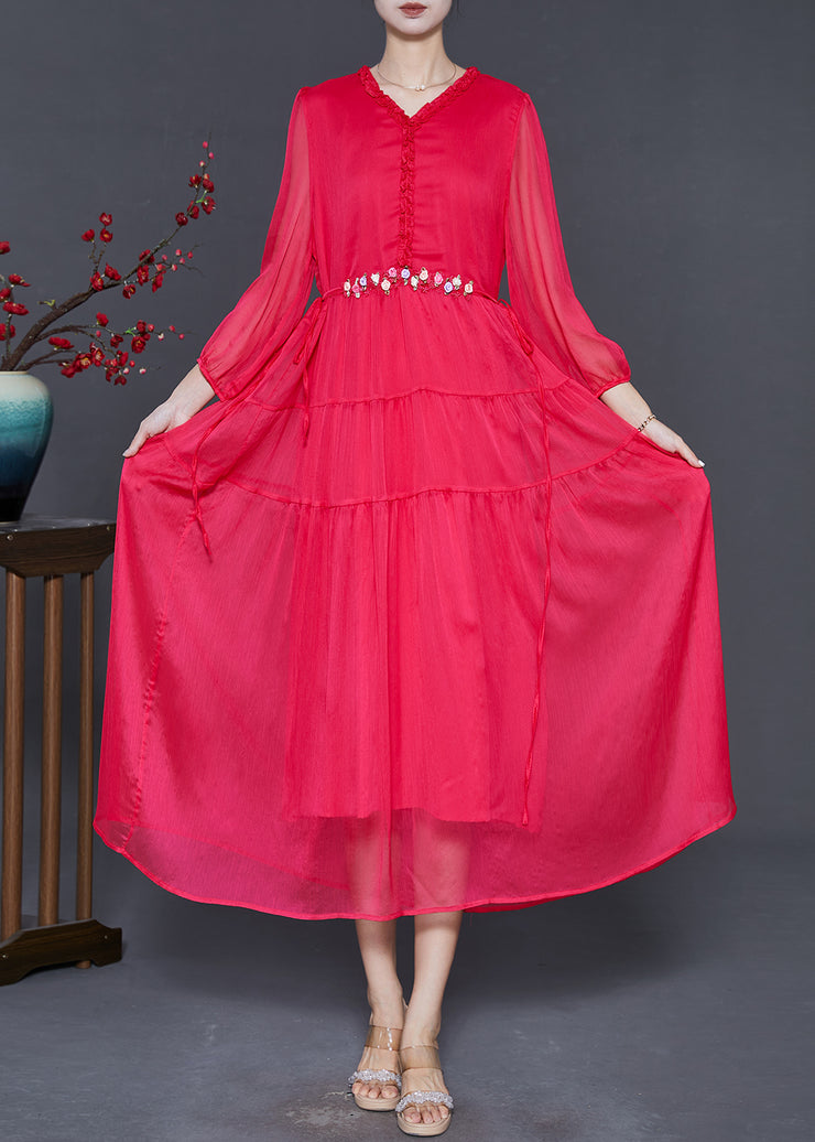 Classy Red Ruffled Floral Silk Beach Dresses Spring