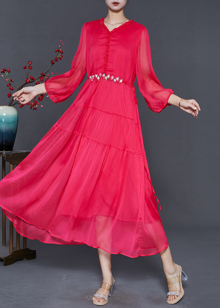 Classy Red Ruffled Floral Silk Beach Dresses Spring