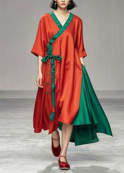 Classy Red Ruffled Patchwork Asymmetrical Design Cotton Long Dress Summer