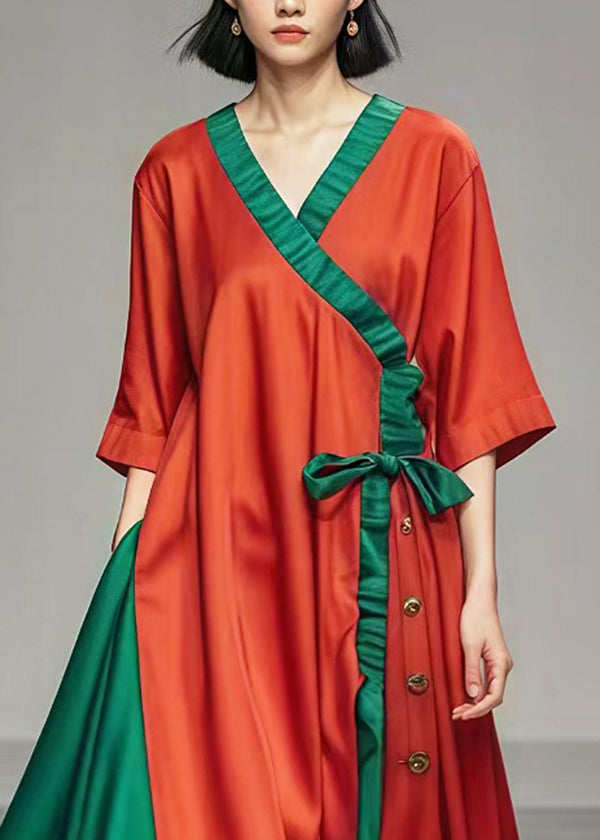 Classy Red Ruffled Patchwork Asymmetrical Design Cotton Long Dress Summer