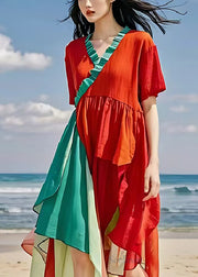 Classy Red Ruffled Patchwork Cotton Dress Summer