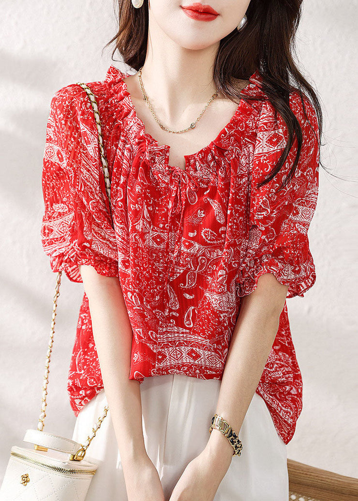 Classy Red Ruffled Print Patchwork Chiffon Shirts Top Summer