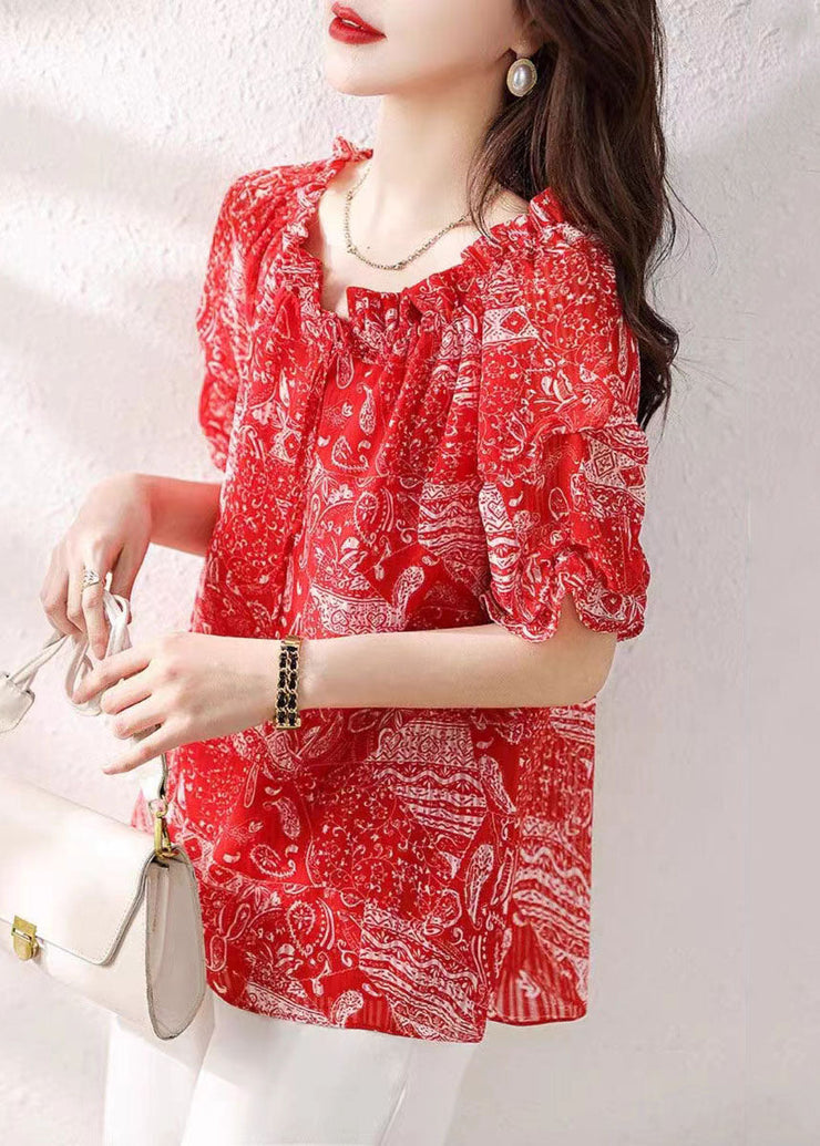 Classy Red Ruffled Print Patchwork Chiffon Shirts Top Summer