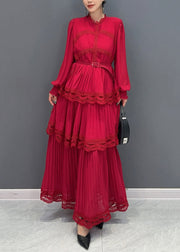 Classy Red Sashes Patchwork Chiffon Dress Long Sleeve