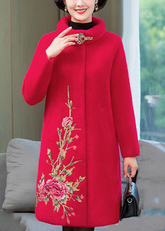 Classy Red Stand Collar Mink Velvet Long Coats Spring