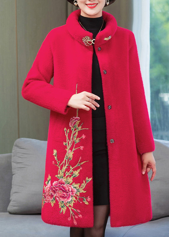 Classy Red Stand Collar Mink Velvet Long Coats Spring