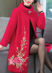 Classy Red Stand Collar Mink Velvet Long Coats Spring