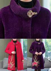 Classy Red Stand Collar Mink Velvet Long Coats Spring