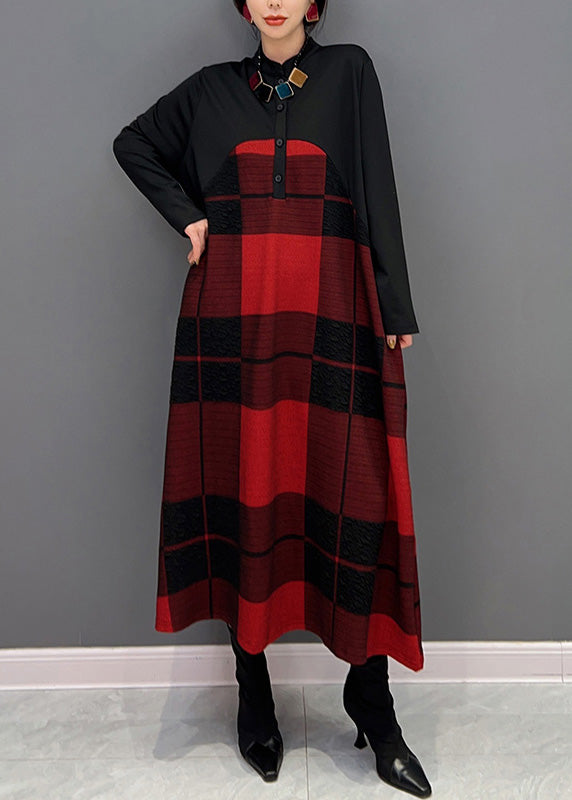 Classy Red Stand Collar Plaid Button Vacation Maxi Dresses Long Sleeve